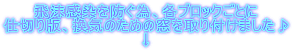 飛沫感染を防ぐ為、各ブロックごとに 仕切り版、換気のための窓を取り付けました♪ ↓